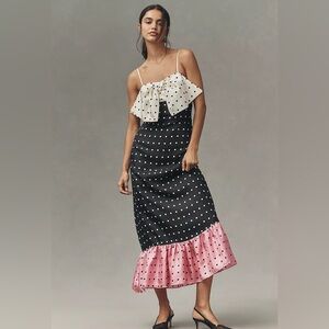 Maude Penelope Sleeveless Bow Ruffle Silk Maxi Dress in Dot Print Multi size S